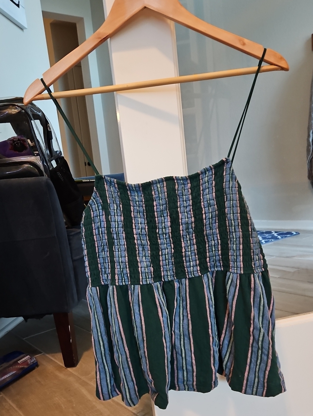 American Eagle Dark Green Striped Smocked Cami